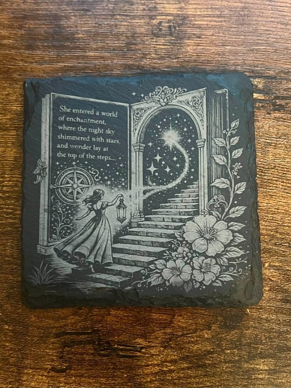 Fantasy Slate Coaster  Whimsical Bookish Decor Enchanted Doorway & Starry Night